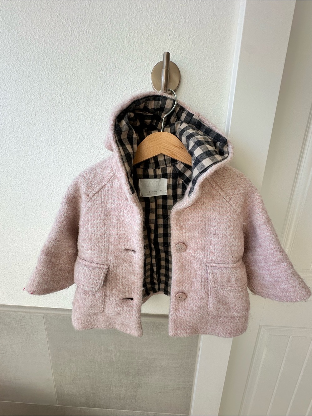 Zara Kids Hooded Pea Coat in Light Pink with Check Lining
